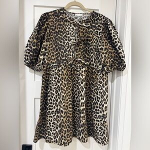 GANNI Animal Print Dress in Black and Tan with Tie Strings